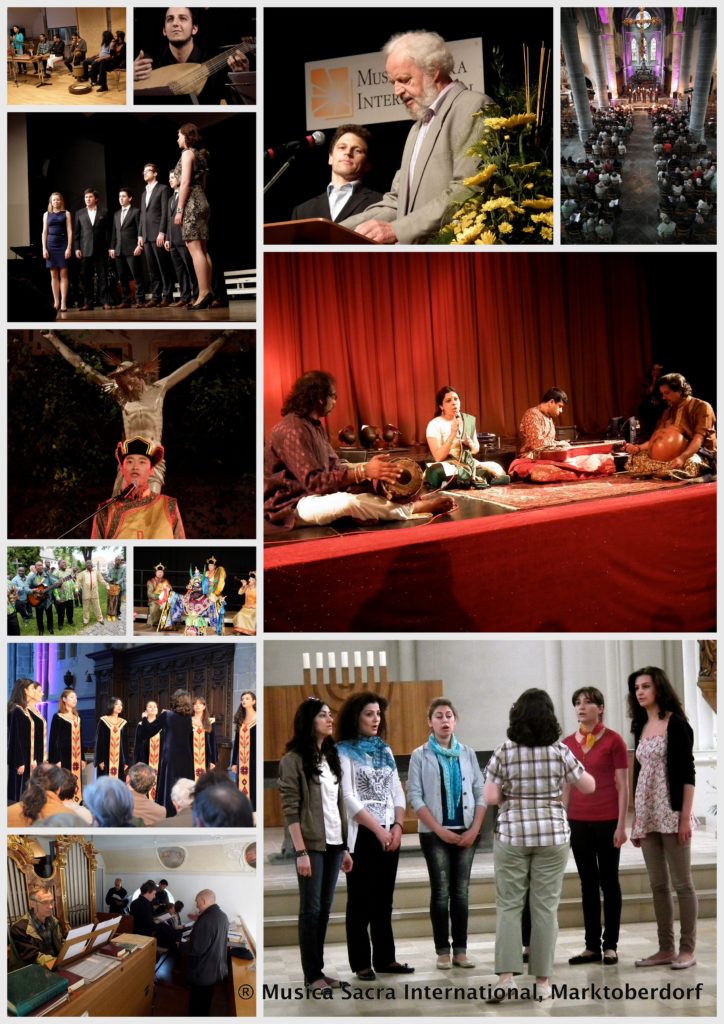 Top to bottom, left to right: Maryam Akhondy and her ensemble Barbad, Germany/Iran, at her lecture with demonstrations. Lute player of Grupo de Canto Coral, Argentina. Dolf Rabus (Director) and Sebastian Pflüger (Manager) at the internal Opening Concert. Final concert at “La Collegiale” in Chimay, Belgium with the Female Choir of the St. Geghard Monastery, Armenia. Ensemble VOCES8, Great Britain, at the opening concert. Shantala Subramanyam and her Ensemble Dakshin during a demonstration in the local “Filmburg” for the school program “Tolerance sets a precedence”. Mongolian Overtone singer (Ensemble Khuree Tsam, Mongolia) at the final concert in the Trinity church in Kaufbeuren. Chœur La Grace, Kongo, with Ambroise Kua-Nzambi Toko at an open air rehearsal. Tsam Mask Dance Ceremony, Khuree Tsam, Mongolia. Female Choir of St. Geghard Monastery, Armenia. Female Choir of St. Geghard monastery, Armenia, at an acoustic rehearsal. Part of Grupo de Canto Coral, Argentina, at a Whitsun church service. All photos: © Musica Sacra International, Marktoberdorf 