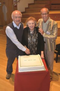  abcd Vice Presidents John Rutter CBE, Pamela Cook MBE and Brian Kay cut the 25th Anniversary cake ©Richard Battye