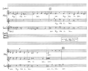 Palestrina, Missa Papæ Marcelli, Kyrie I, bars 14-19. Altus recomposed as two discrete voices: ‘A I’ and ‘T II’ in a modern transcription. Music transposed down a tone from ‘visual pitch’. Original Tenor I notated as small notes for reference. Upper voice of the two ‘new’ voices notated in small notes where it has ‘roamed’ to original Tenor I and is in unison with this part, in normal notes where it takes original Altus line. Lower voice of the two ‘new’ voices notated in small notes where it has entered with original Tenor I and is in unison with this part, in normal notes where it has ‘roamed’ to the original Altus line.