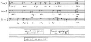 Palestrina, Missa Papæ Marcelli, Kyrie I, bars 21-24. Altus recomposed as two discrete voices: ‘A I’ and ‘T II’ in a modern transcription. The ‘new’ lower voice offered in three variants, A, B and C. Original Cantus, Tenor I, Tenor II, Bassus I and Bassus II included to complete full score. Upper voice of the two ‘new’ voices notated in normal notes because it takes only original Altus line. Lower voice of the two ‘new’ voices notated in small notes where it has entered with original Tenor I, ‘roamed’ to original Tenor II, moved back to original Tenor I and ‘roamed’ again to Tenor II at the cadence (version A); notated in normal notes where it has entered with original Tenor I, ‘roamed’ to original Tenor II, moved back to original Tenor I and finally joined the original Altus at the cadence (versions B and C).