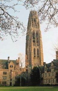 Harkness Memorial Tower, erected in 1921, rises over the campus 