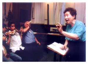 Tsippi Fleischer with Shofar players during rehearsals of Symphony No. 5 