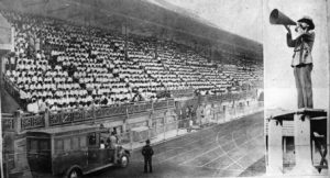 Villa-Lobos directing the Orpheonic choirs at São Januário Stadium - Photo:  Museu Villa-Lobos Archives